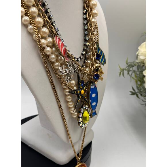 Betsey Johnson Bold MultiStrand Fish Nautical Lucite Anchor Crab Pearl Necklace - Picture 5 of 14